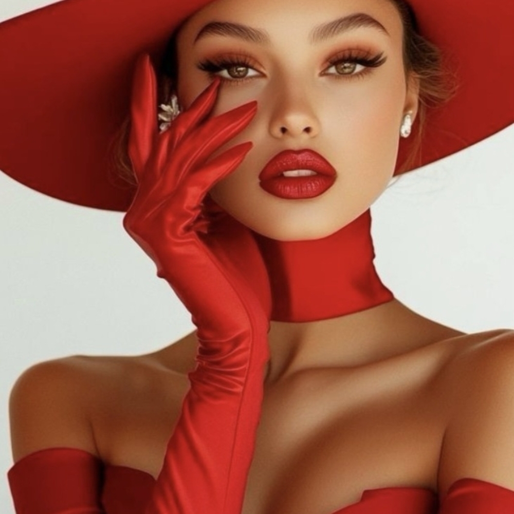 Red Satin Stretchy Women's Hat and Glove Set 23 Inch